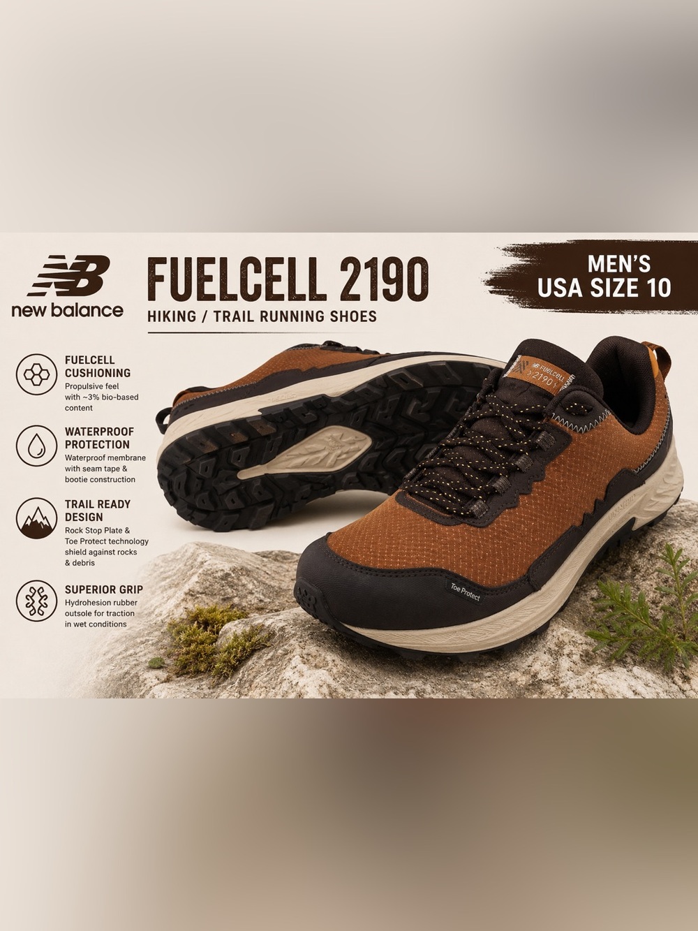 New Balance FuelCell 2190 Men’s 10 Brown Waterproof Trail Running Shoes Hiking - Picture 1 of 10